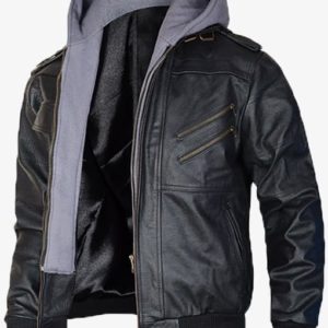 Black Bomber Leather Jacket for men removable hood