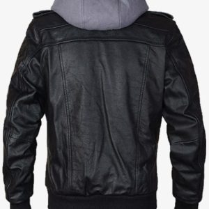 Black Bomber Leather Jacket for men removable hood