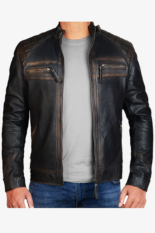 Diamond Distressed Black Leather Jacket