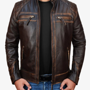 Diamond Distressed Brown Moto Leather Jacket