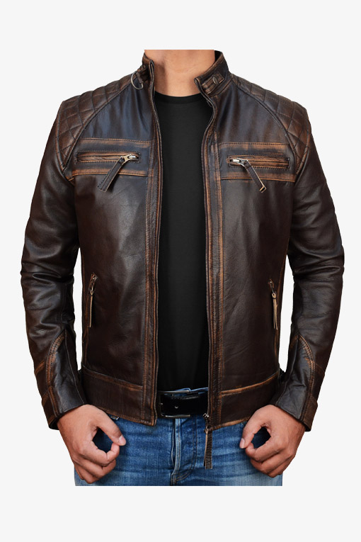 Diamond Distressed Brown Moto Leather Jacket